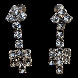 Vintage screw-back rhinestone dangle earrings silver-tone 1.5”
